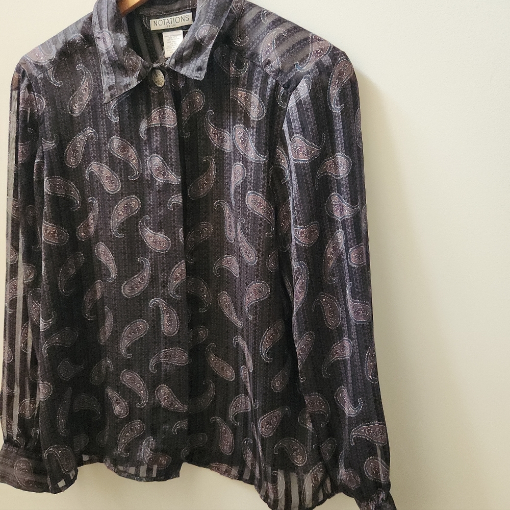 Vintage Notations Petite Sheer Paisley Button Up Blouse Size 12 Flowy 90s - Picture 3 of 8